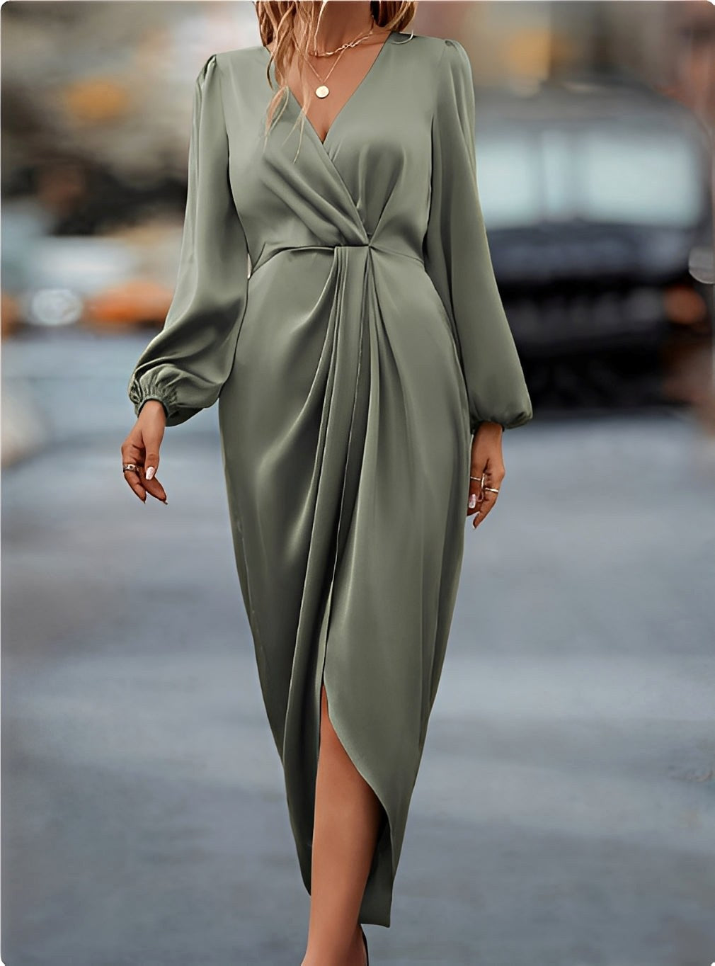 Weronika | Women's Satin Wrap Dress with Long Sleeves, Elegant Evening Dress | My Sweet Wardrobe