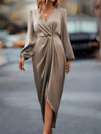 Weronika | Women's Satin Wrap Dress with Long Sleeves, Elegant Evening Dress | My Sweet Wardrobe