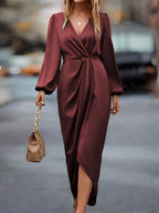 Weronika | Women's Satin Wrap Dress with Long Sleeves, Elegant Evening Dress | My Sweet Wardrobe