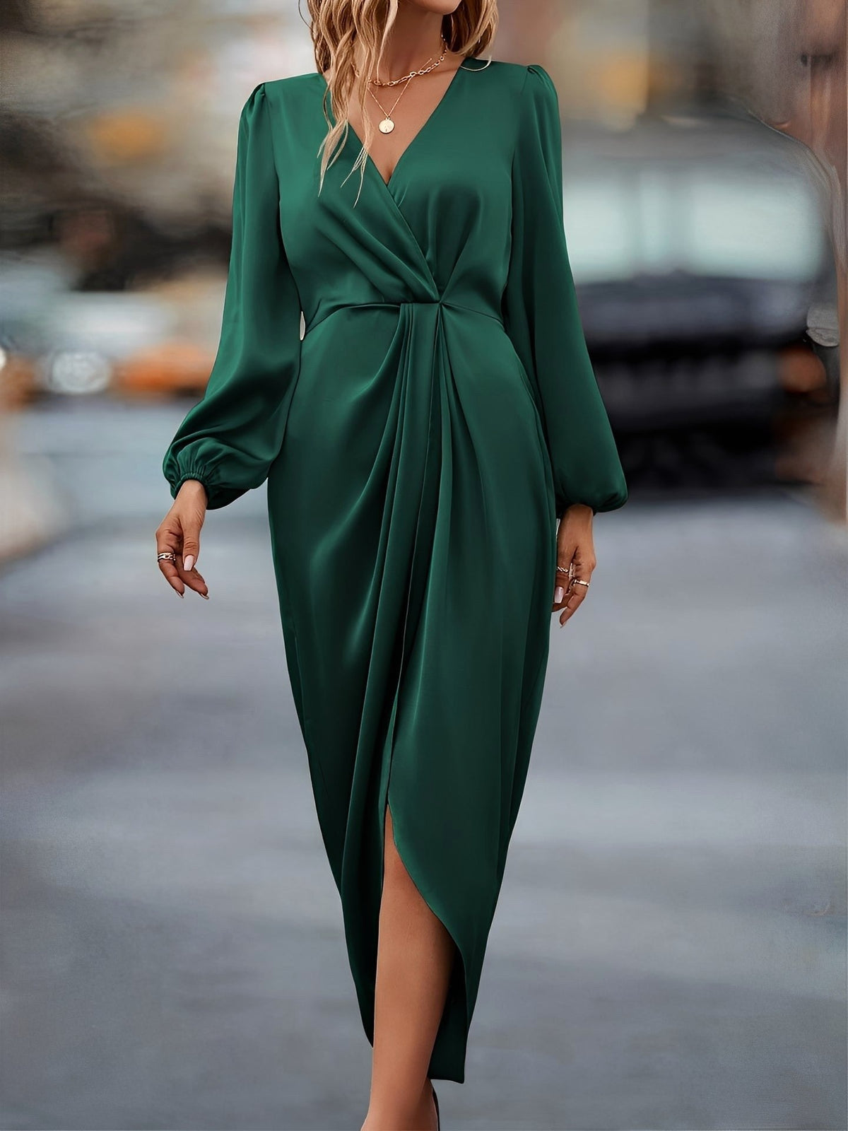 Weronika | Women's Satin Wrap Dress with Long Sleeves, Elegant Evening Dress | My Sweet Wardrobe