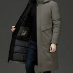 Wilhelm | Men's Coat with Hood and Quilted Lining, Long Winter Coat for Men | My Sweet Wardrobe | Grey