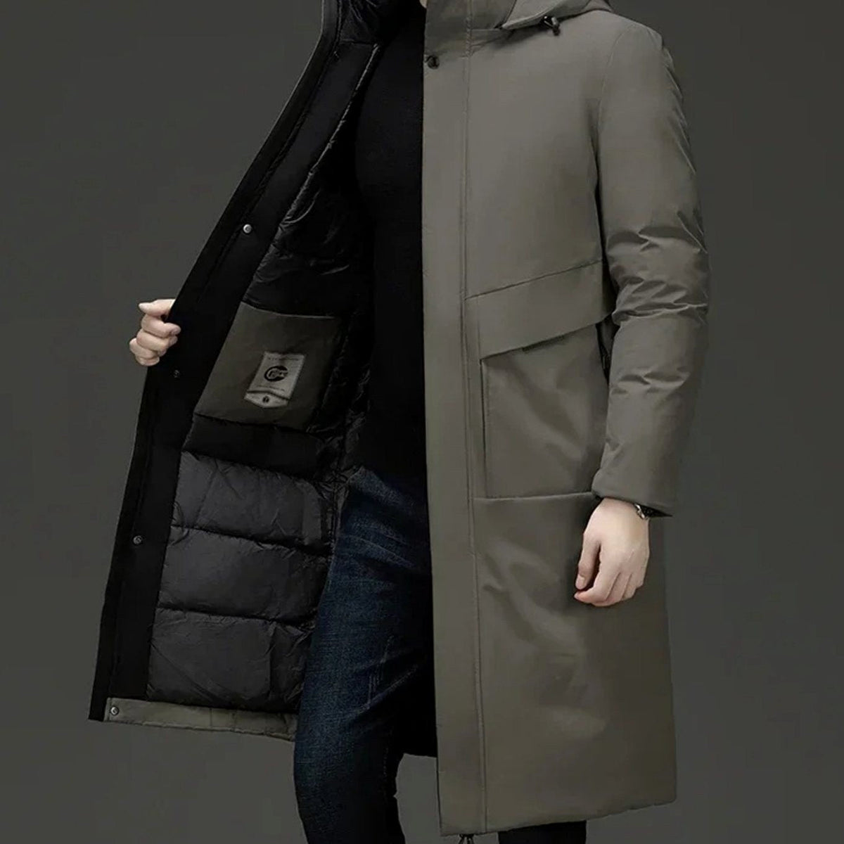 Wilhelm | Men's Coat with Hood and Quilted Lining, Long Winter Coat for Men | My Sweet Wardrobe | Grey