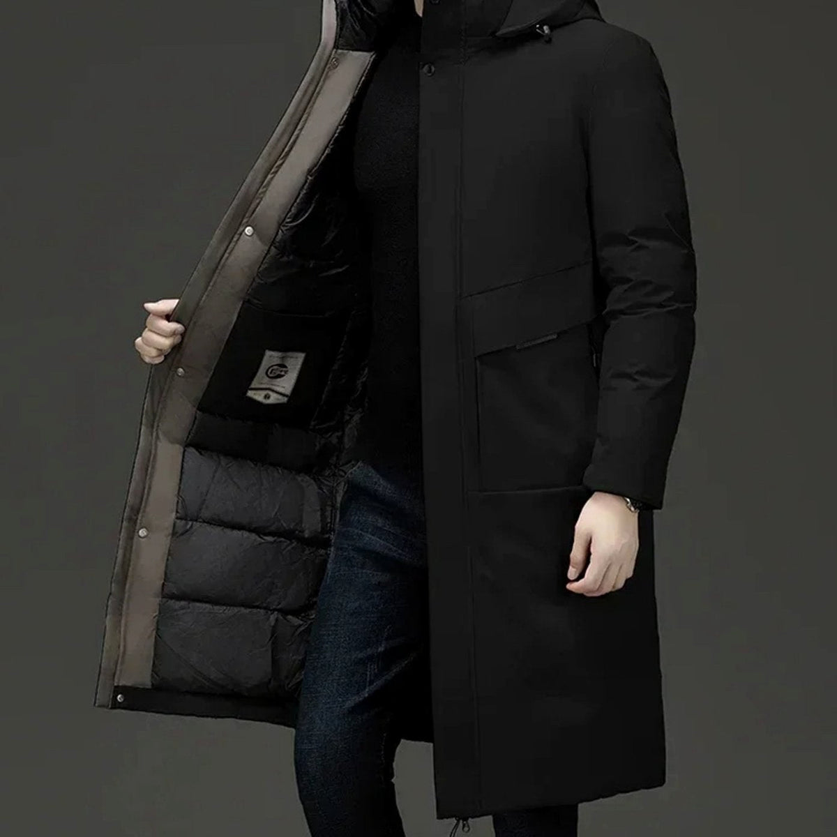 Wilhelm | Men's Coat with Hood and Quilted Lining, Long Winter Coat for Men | My Sweet Wardrobe | Grey