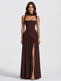 Willow | Women's Sculpted Satin-Feel Maxi Dress, Draped Evening Dress | My Sweet Wardrobe | Brown