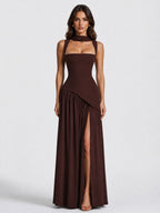 Willow | Women's Sculpted Satin-Feel Maxi Dress, Draped Evening Dress | My Sweet Wardrobe | Brown