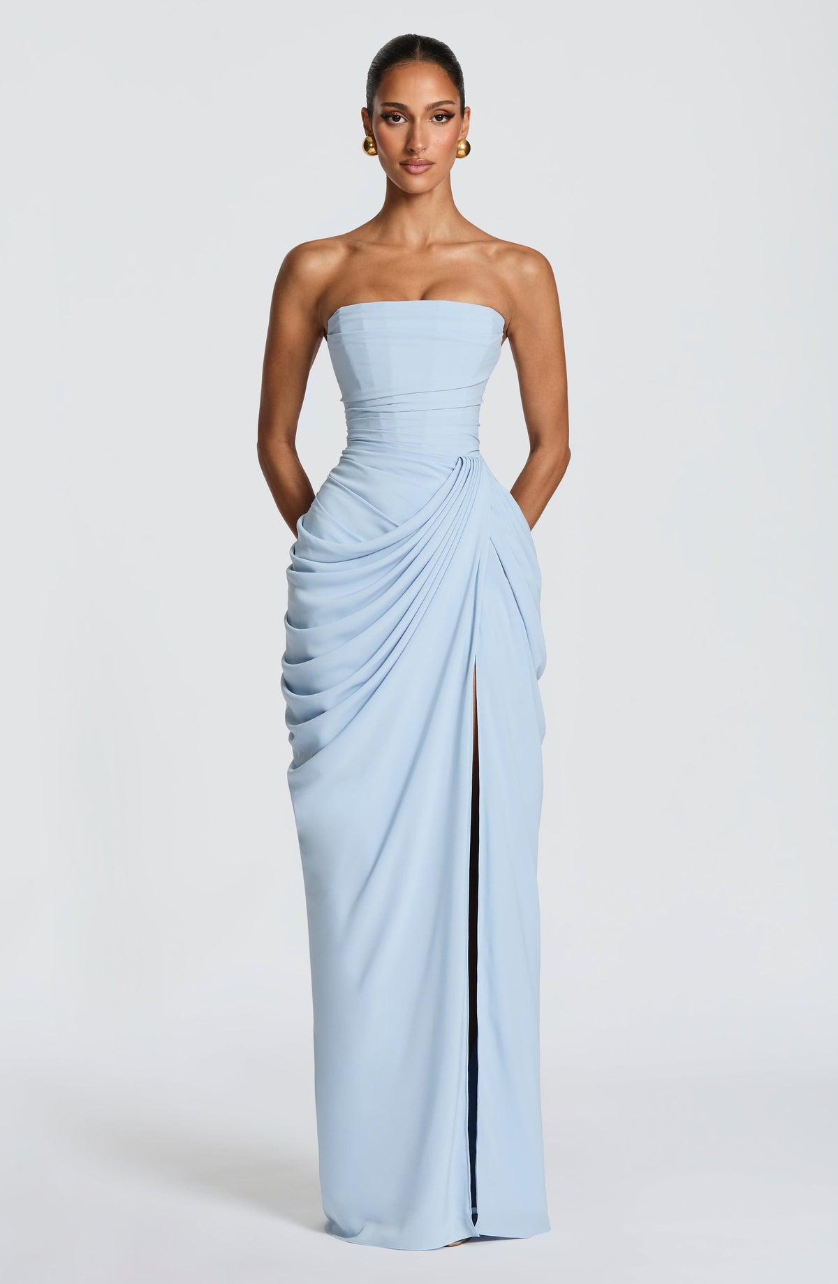 Yvette | Women's Strapless Maxi Dress, Ruched Waist Evening Dress | My Sweet Wardrobe | Light Blue