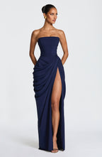 Yvette | Women's Strapless Maxi Dress, Ruched Waist Evening Dress | My Sweet Wardrobe | Navy